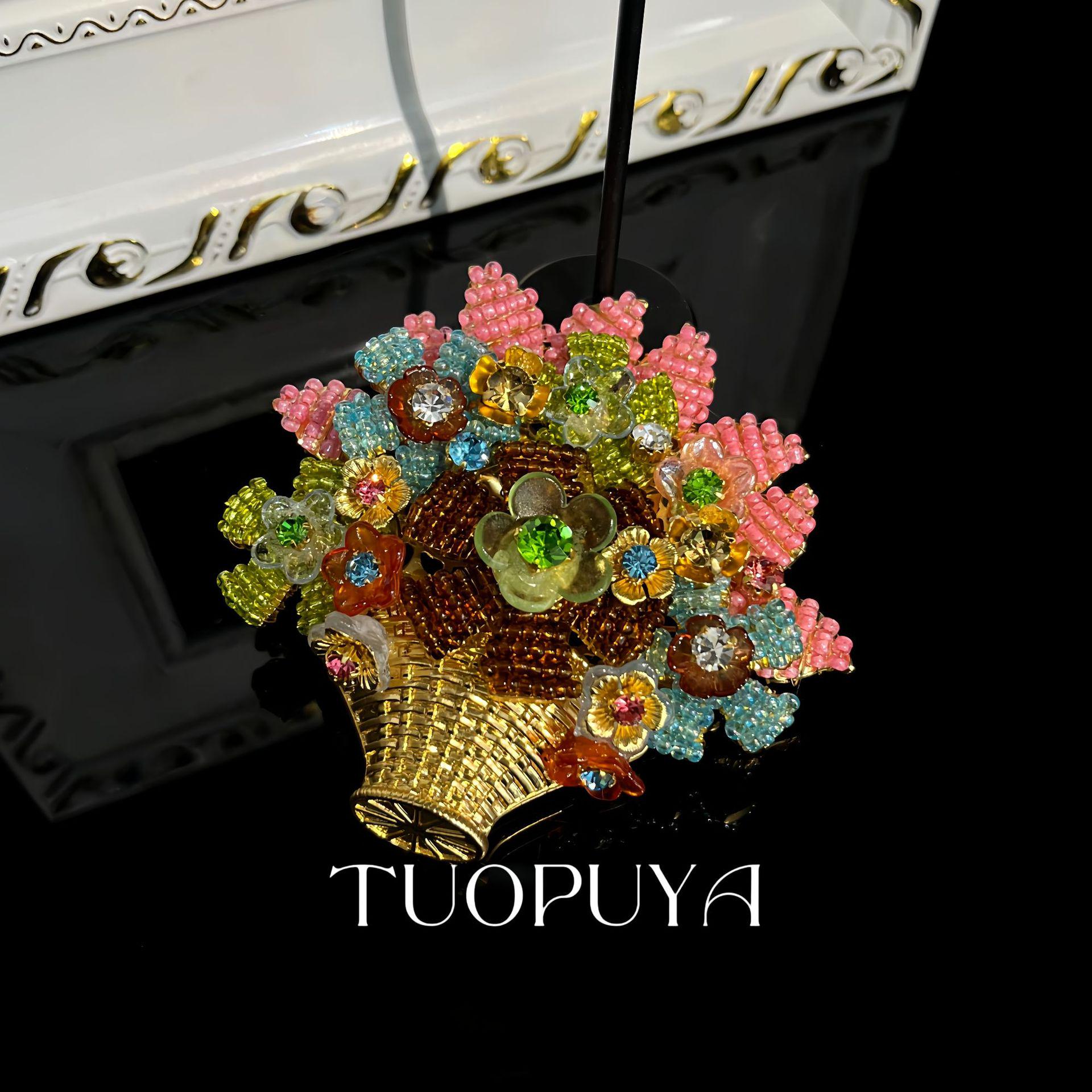 Handmade Colorful Flower Basket Brooch with Exquisite Sweet Design