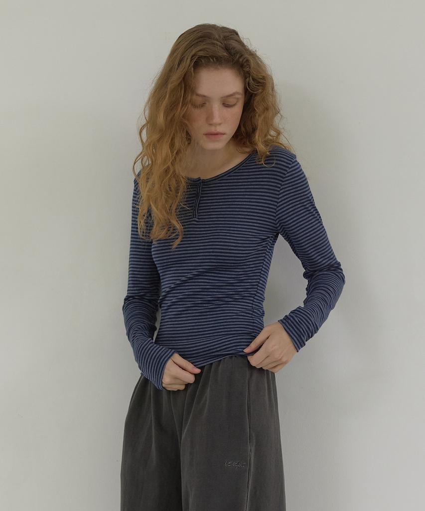 LONQUE Stripe Henley Neck Long Sleeve T-Shirt (Navy)