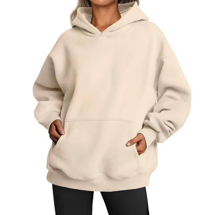 Hooded Sweatshirt Women's Long Sleeve Loose Fit Solid Color Fleece Warm Autumn Winter Style Street Hip Hop Pockets