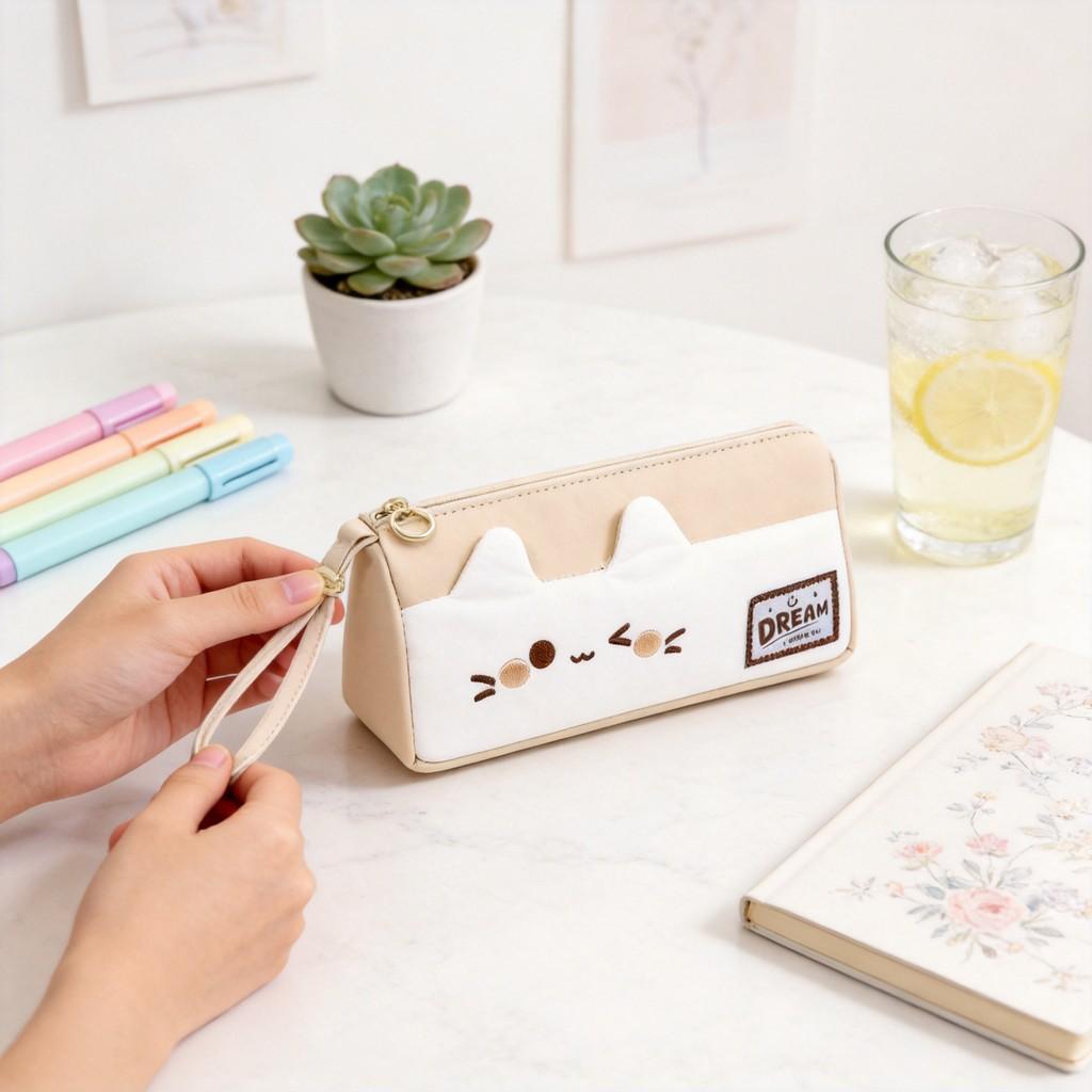 Small Pink Cat Cartoon Pencil Case With Large Capacity For Students And Office Use
