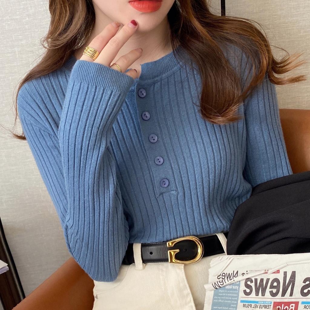 Women Long Sleeve Knitted Sweater Spring Autumn Button O Neck Inside Tight Knit Pullover Top