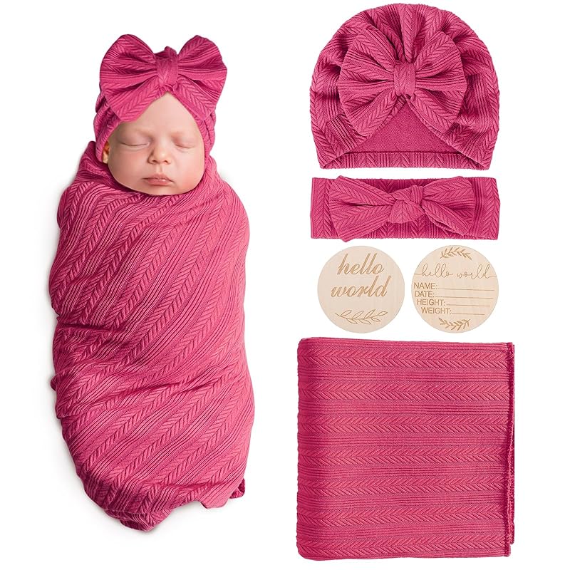 Newborn Receiving Blanket with Bow Hat Mittens Wooden Card Set Wheat-Pattern Newborns Toddler Baby Boy Girl Nursery Swaddle Wrap