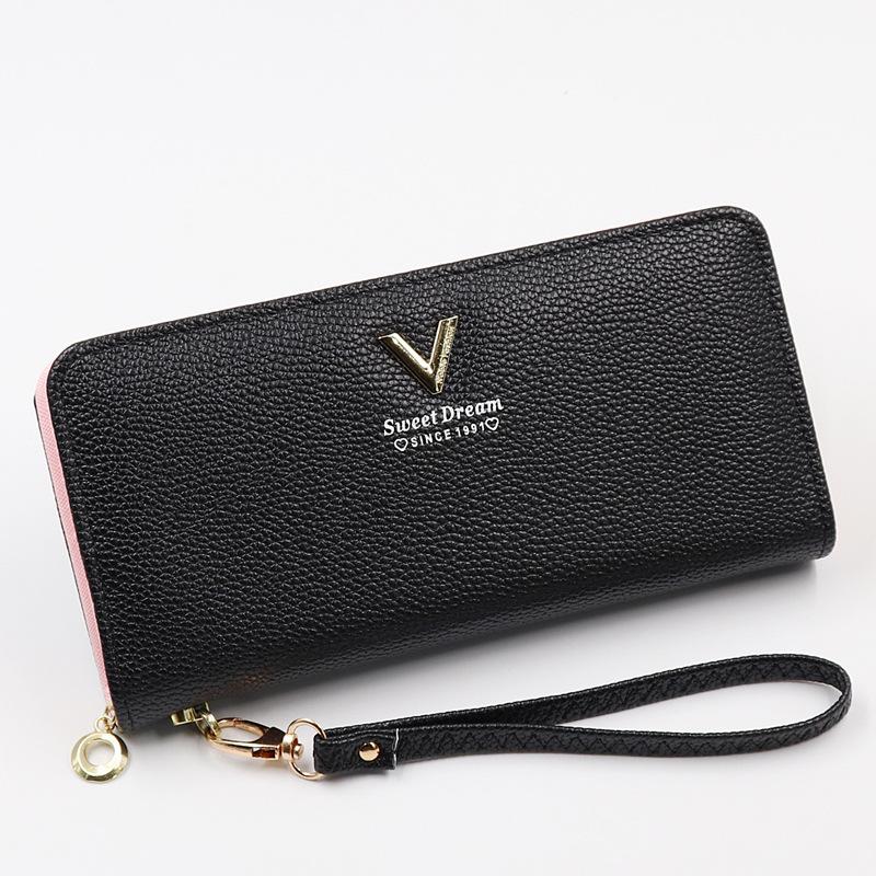 New solid color long wallet women's simple high-end lychee pattern soft leather trend zipper wallet spot