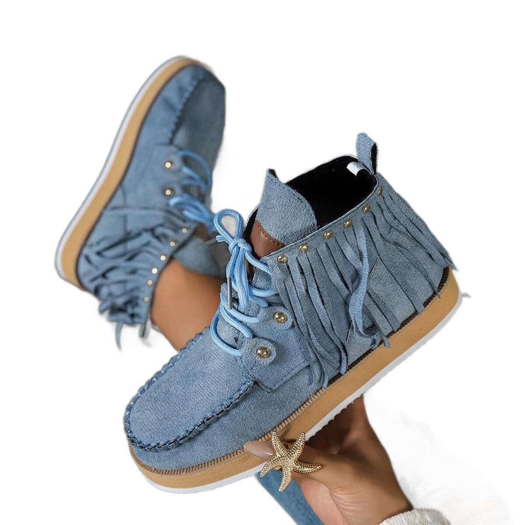 Autumn and winter new women's fringed short boots thick-soled lace-up western cowboy leather boots large size spot Martin boots