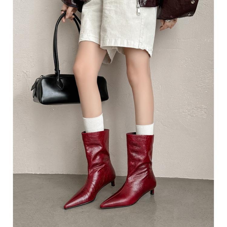 Fashion New Autumn/winter Genuine Leather Women Boots Pointed Toe Shoes for Women Fashion Boots Mid Heels Mid-calf Boots Shoes Versatile