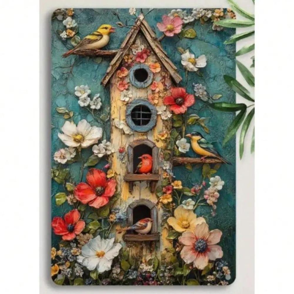 Décoration Murale Nid d'Oiseau 3D Art Métallique Floral Vintage Panneau de Jardin Ferme