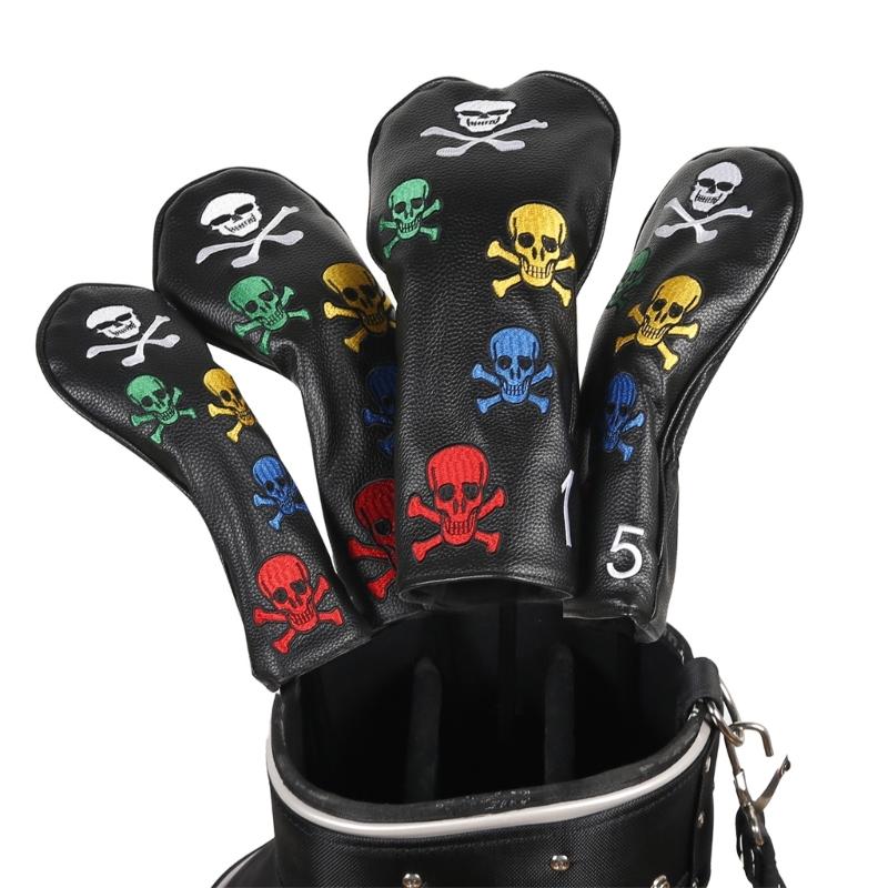 4Pcs PU Leather Golfs Club Head Cover Golfs Driver Headcover Skull Pattern Fairway Wood Headcover Hybrid Head Cover