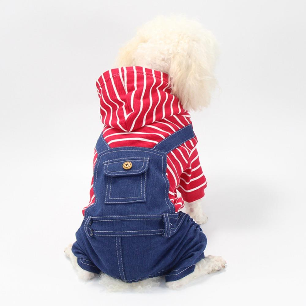 College-Stil Herbst- und Winter-Haustierkleidung gestreiftes Denim Hunde-Vierbeiner Teddy Corgi Träger-Einteiler