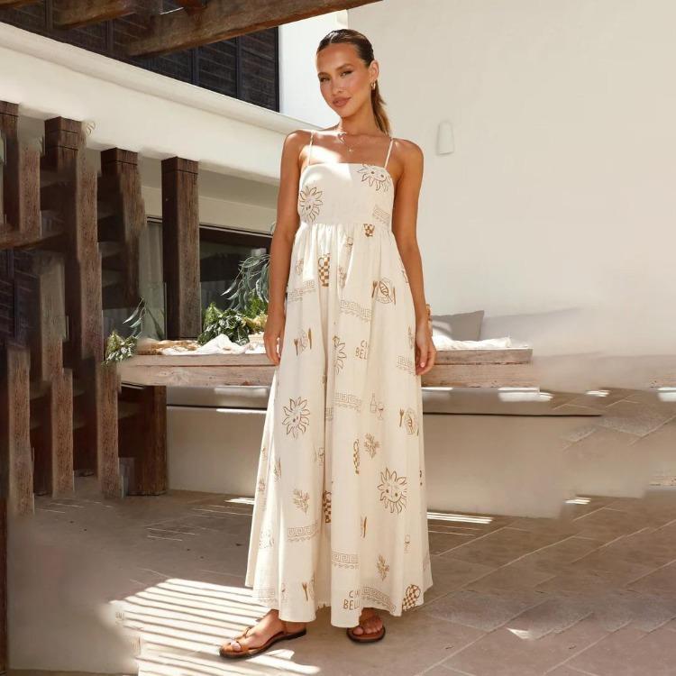 Summer Women Sleeveless Backless Print Slim A-Line High Waist Suspender Camisole Dress Long Casual Dresses S-XL Spring Fashion