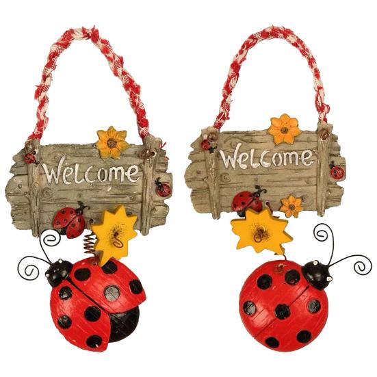 Znak powitalny w stylu kreskówki, słonecznik, dekoracja, żywy kolor, biedronka, wiosenny wieniec na drzwi na podwórko