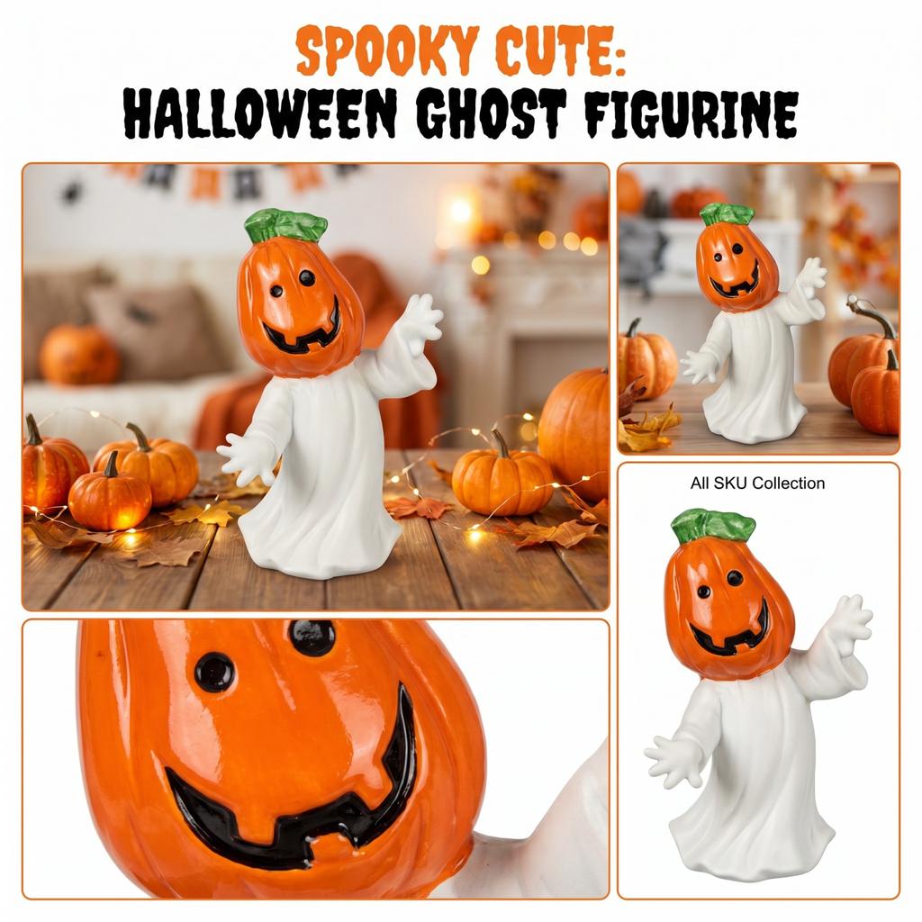 Halloween Pumpkin Head Ghost Figurine Ceramic Tabletop Decoration for Seasonal Home Display Indoor Use