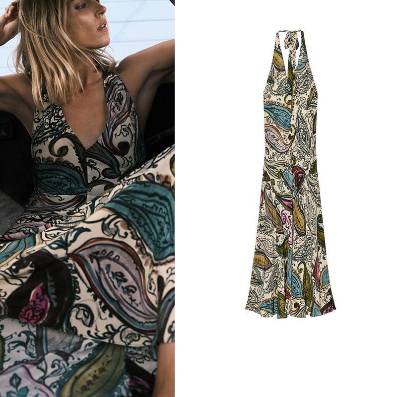 Summer Women's Viscose Textile V-Shaped Neckline A- line Hem Print Hanging Collar Dress 3126145