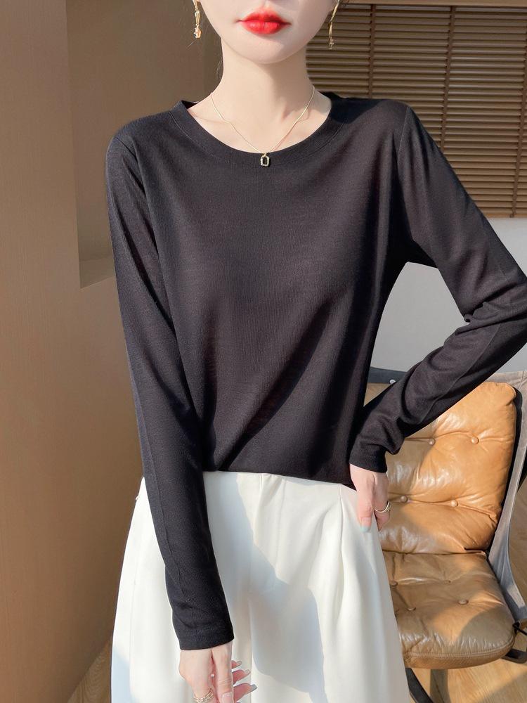 Women's Long Sleeve Round Neck Tencel Cotton Sheer T-Shirt - Slimming, Loose Fit, Knit Base Layer, New Basic Style
