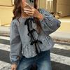 Women S Loose Casual Plaid Long Sleeve Bow T Shirt