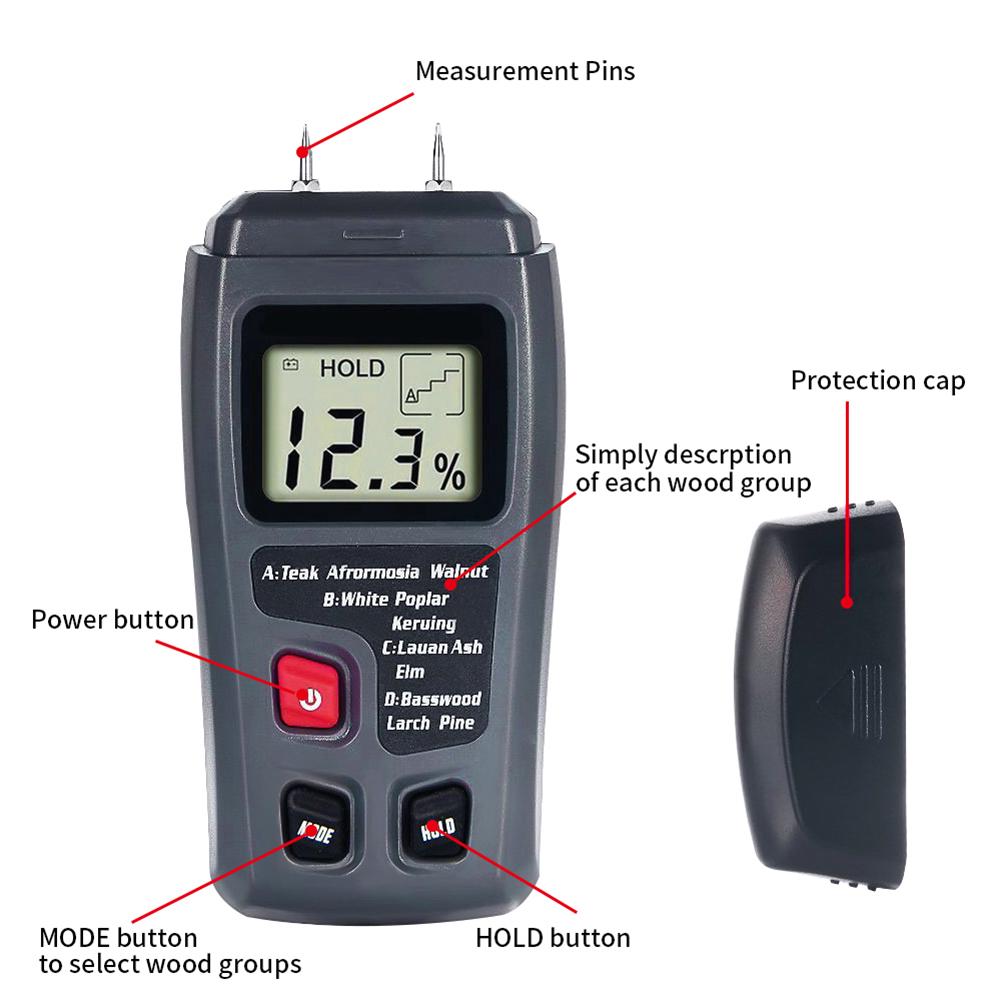 Handheld Digital LCD Display Wood Moisture Timber Humidity Meter Tester Sensor