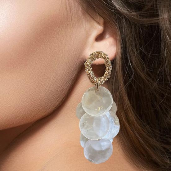 1 pár dámských visacích náušnic kulatých s mušlí, střapcem a dlouhých náušnic dámských puzetových náušnic pro rande, banket, taneční párty, doplňky