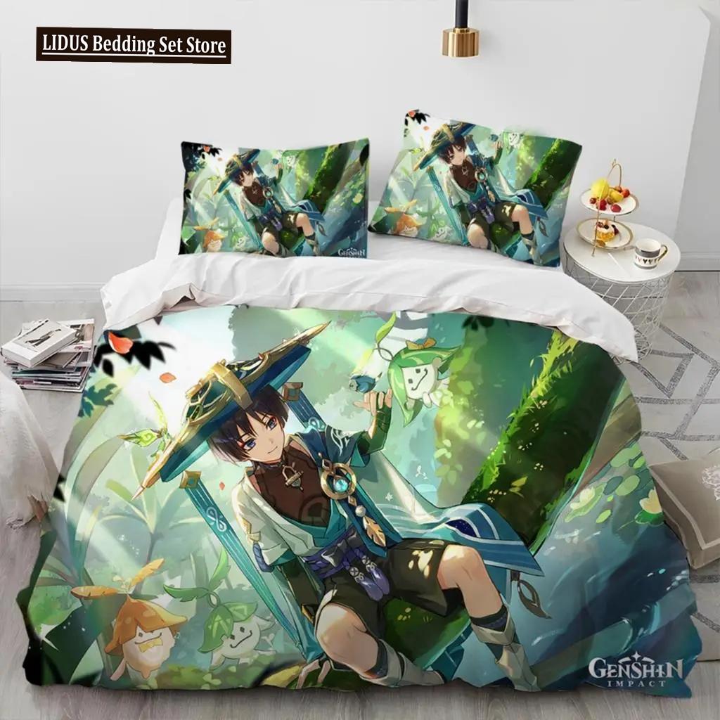 Set de lenjerie de pat Anime Genshin Impact Game Băieți Fete Twin Queen Size Husă de pilota Față de Pernă Pat Copii Adulti Textile de casaextile