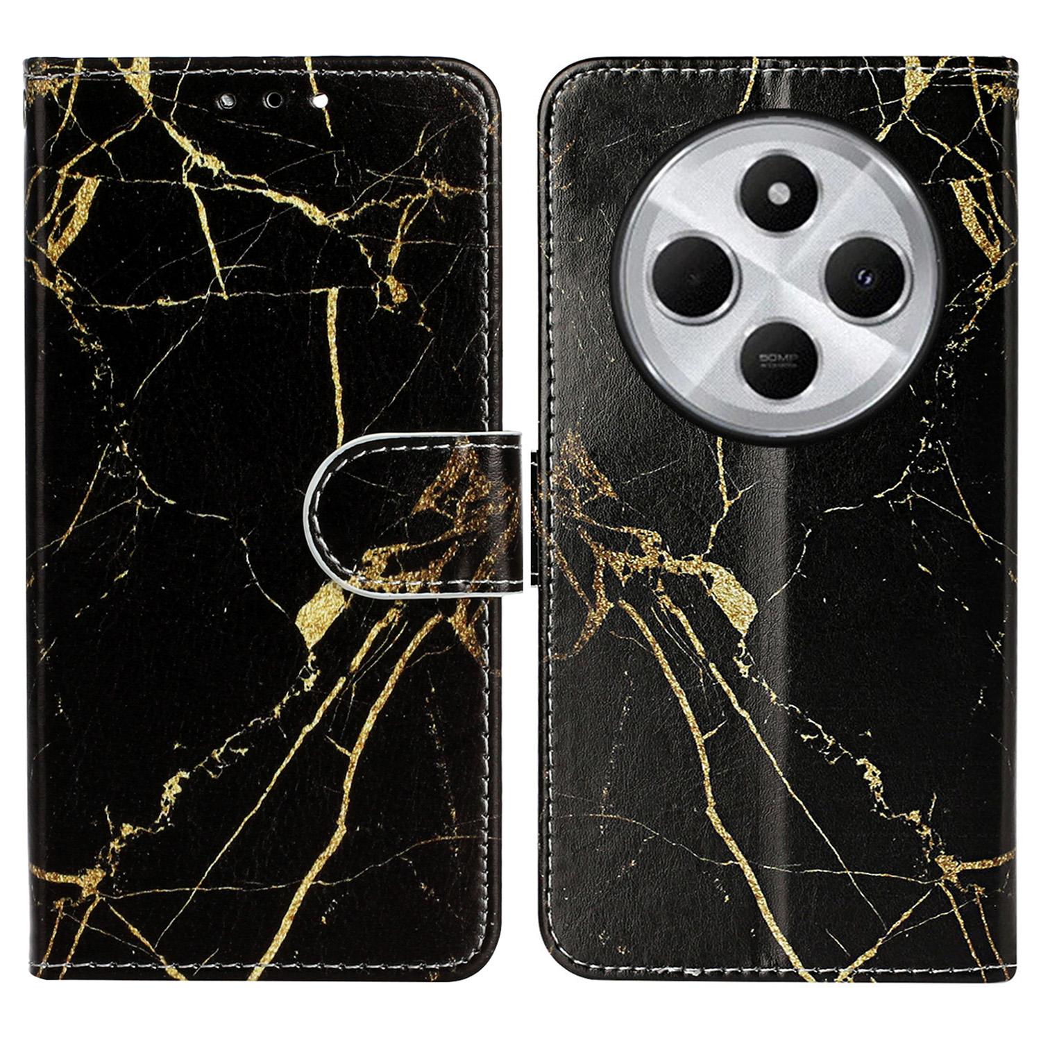 

For Xiaomi Poco C75 4G/Redmi 14R 5G/14C 4G Case Pattern PU Leather Flip Phone Cover Black Gold Marble
