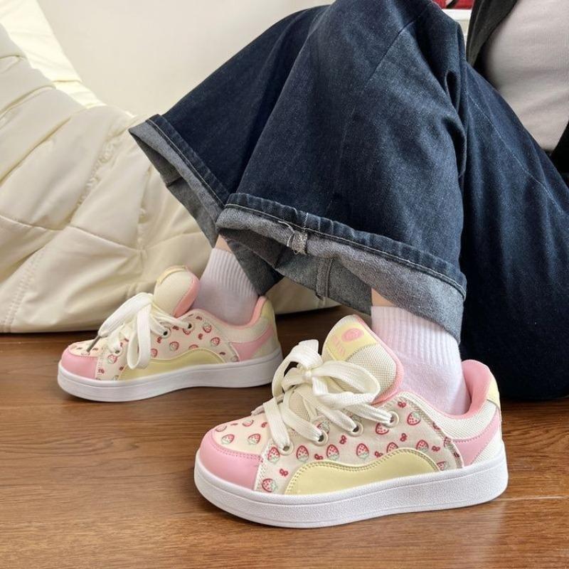 Pink strawberry board shoes women's spring new lace-up sweet little white shoes campus versatile casual shoes