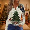 Women's Casual Christmas Print V-Neck Long Sleeve T-Shirt with Decorative Buttons