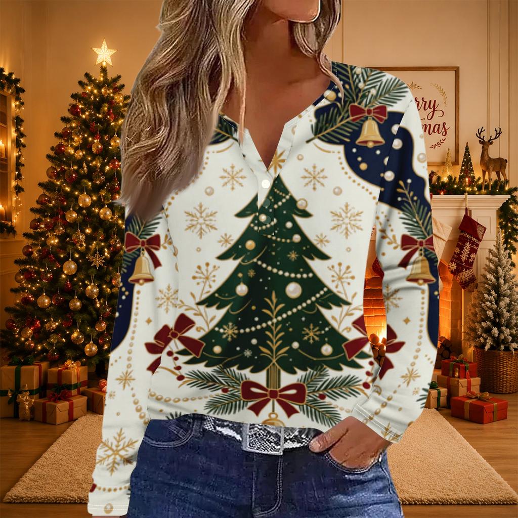 Women's Casual Christmas Print V-Neck Long Sleeve T-Shirt with Decorative Buttons