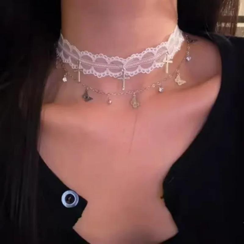 Lolita Lace Cross Cross Pendant Necklaces for Women Girls Sexy Sweet Cool Star Collarbone Necklace Strap Jewelry Gifts