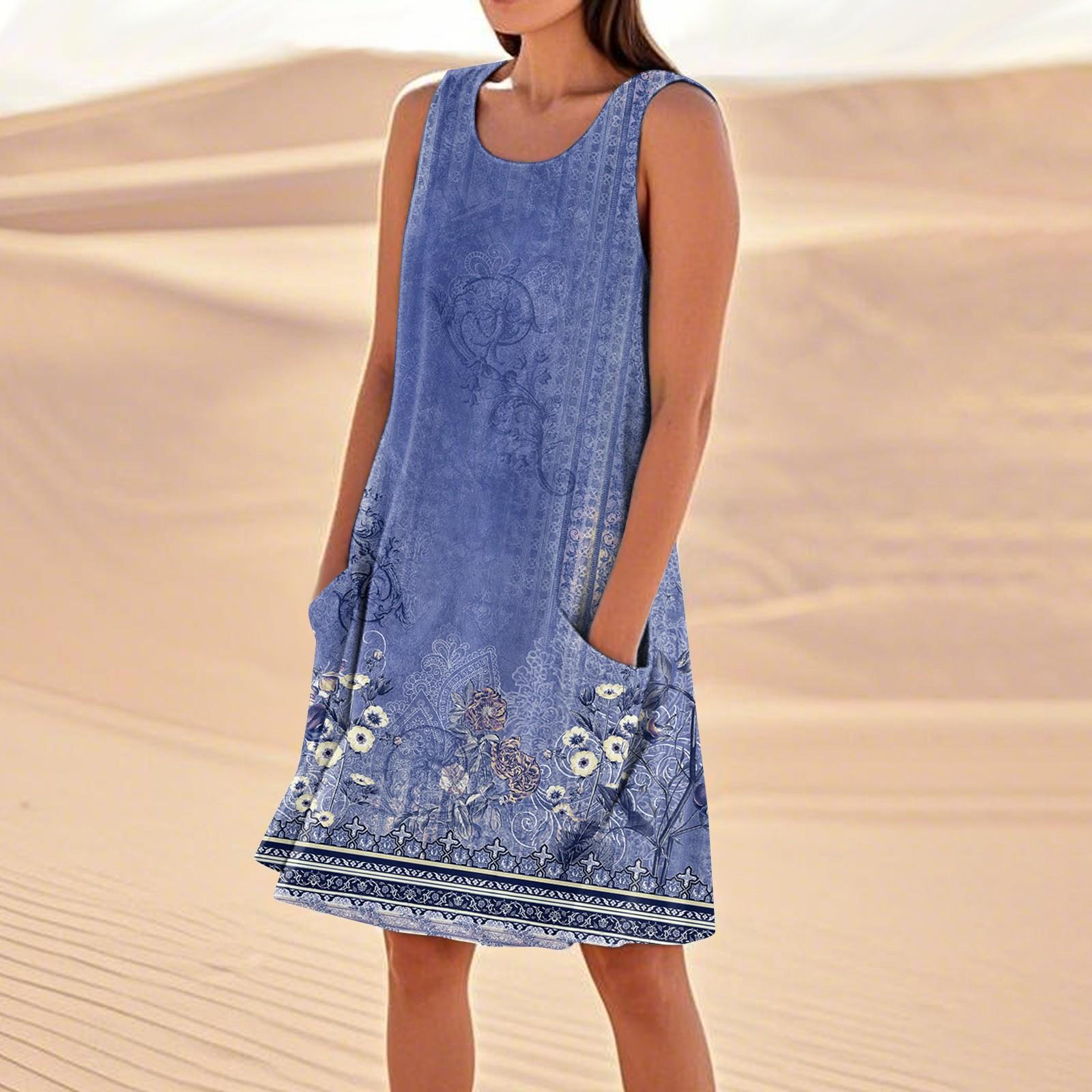 

Летние платья для женщин, свободные пляжные повседневные сарафаны без рукавов с карманами, платье-майка L синий
