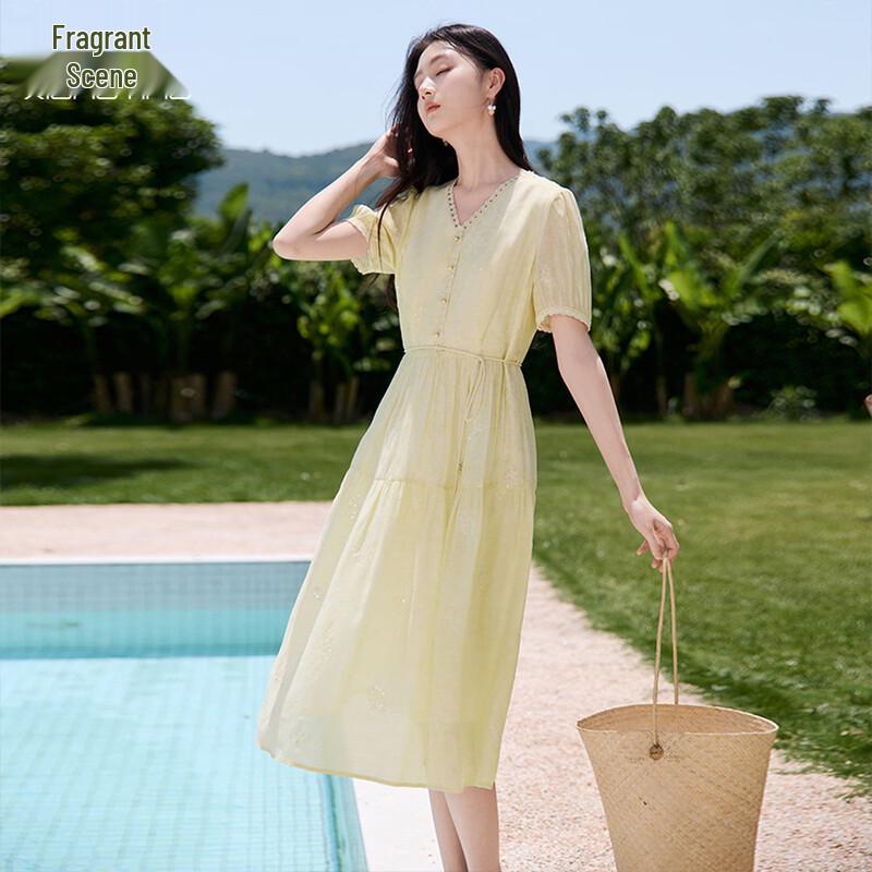 Xiangying V-Neck Embroidered Puff Sleeve Dress XL