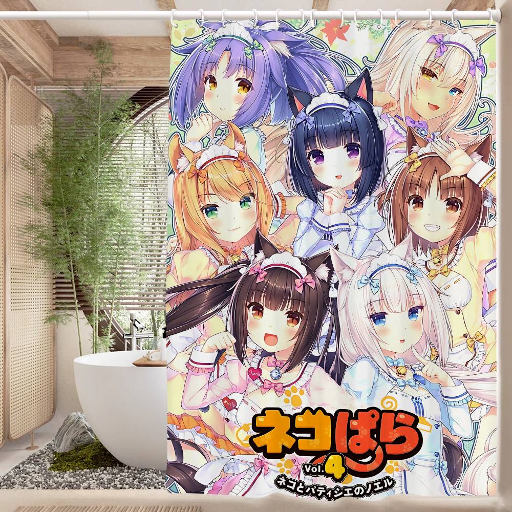 Nekopara Neko Anime Pattern Bathing Curtain Bathroom Shower Curtain Waterproof With 12 Hooks Home Deco