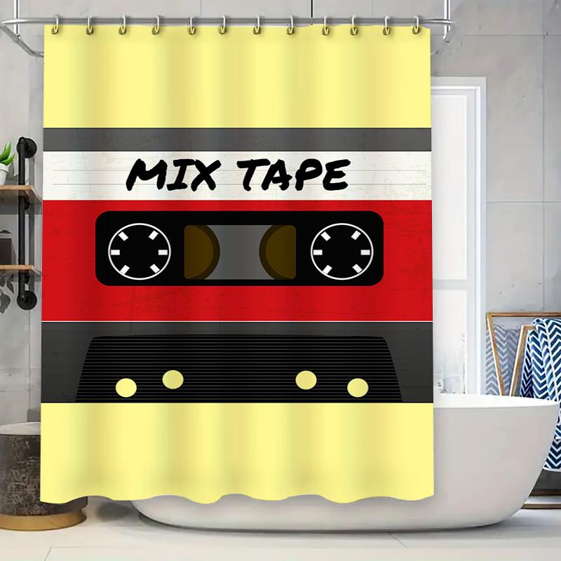 Retro Mix Tape Shower Curtain Yellow Red 80S Style Audio Cassette Decor For Bathrooms W60H190(CM)-1 Pcs