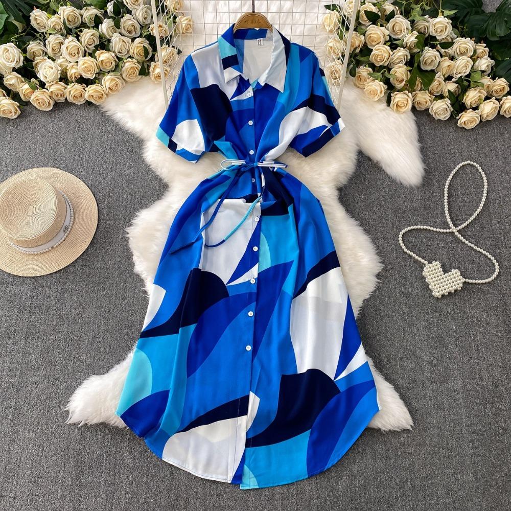 Women's Polo Neck Short Sleeve Geometric Print Maxi Shirt Dress High Waist Casual Dress