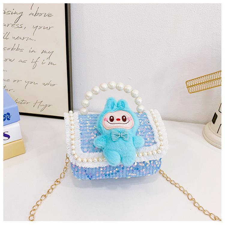 Labubu Children's Plush Lace Pearl Shoulder Bag - Crossbody Storage for Kindergarten Kids