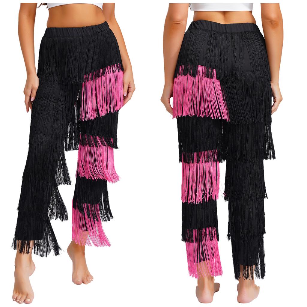 Women's Latin Dance Fringe Pants S-3XL: Elastic Waistband Contrast Color Tassel Trousers for Chacha Tango Rumba Dance Costume
