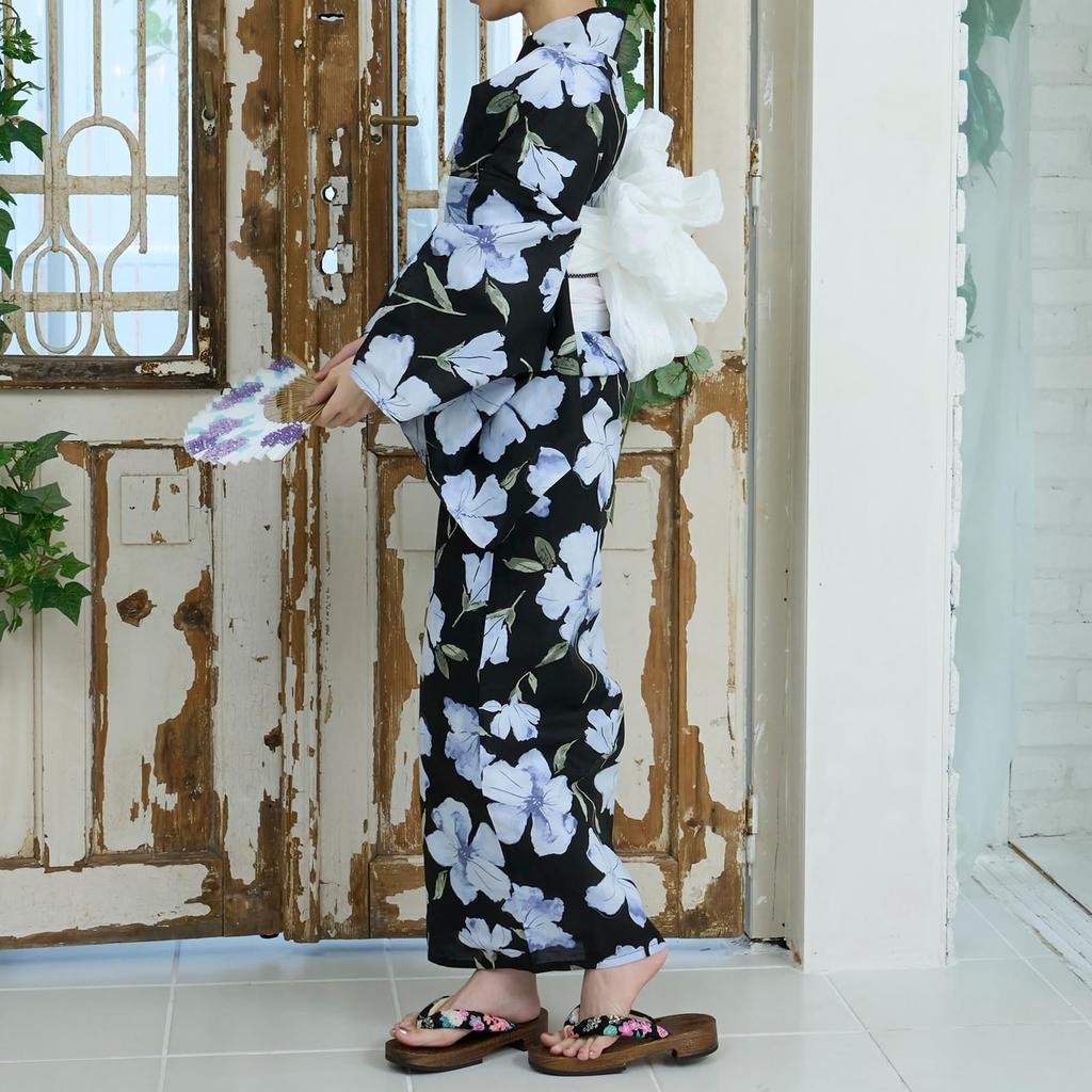 RAVIR Yukata Black with a Pale Wisteria Floral This Set Includes a Fluffy Obi and One Size Fits Women's 3-Piece Set Pattern. Fluffy, Sandals. All.