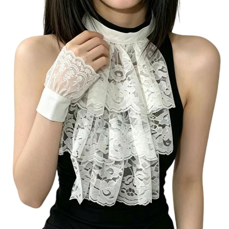 White Lace False Collar and Cuffs Sleeves for Women Girl, High Neck Ruffle Collar Decorative Accessory for Costume Styling, Stage Show Layering