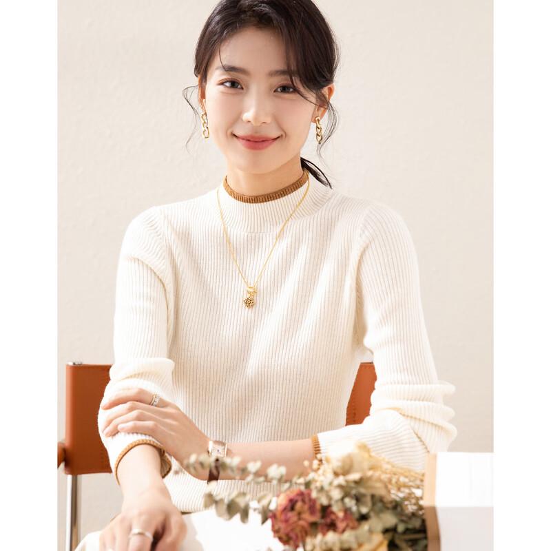 

TUHUANG Women s Pure Wool Ribbed Semi-High Neck Sweater XL
