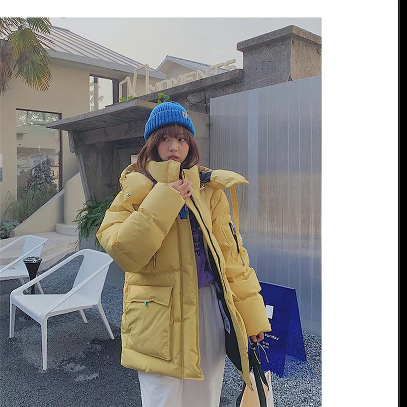 Damen-Daunenjacke mit vertikalem Kragen im Herbst und Winter, mittellange, verdickte, lockere Jacke, Arbeitskleidung, mit Kapuze, weißer Entendaunenmantel