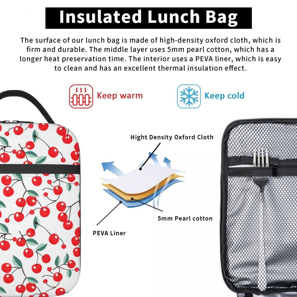 Cheerful Red Cherry Pattern Insulated Lunch Bag for Women Children Portable Food Boxes Thermal Lunch Box Tote