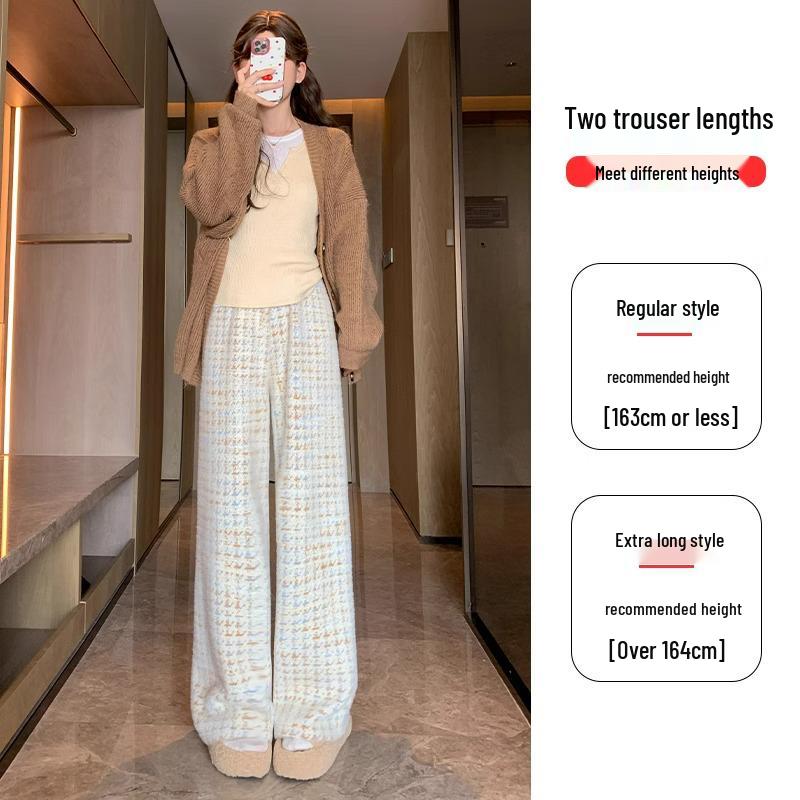 

Women s High-Waist Plaid Houndstooth Velvet Pants - Coffee Blue, Wide-Leg, Wool Blend, Petite, for Autumn/Winter XS (60-79 jin)