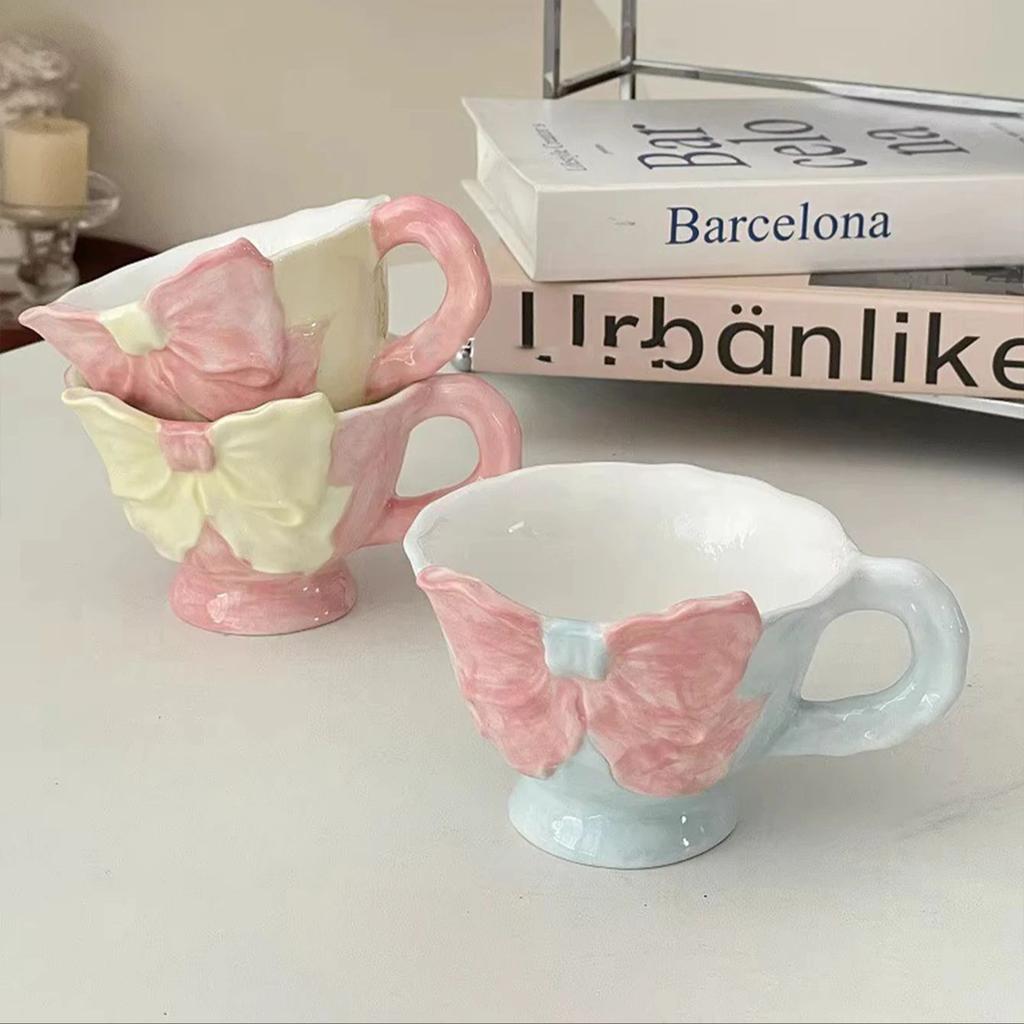 1 Stück 180ml Handbemalte Keramik-Kaffeetasse mit Schleife, Handgepresste Tasse mit flachem Henkel, Geeignet für Café Latte Handgemahlenen Kaffeebecher