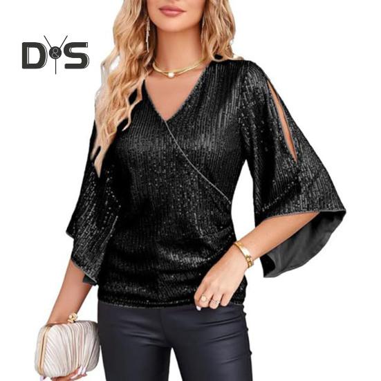 Women Top Shiny Sequin Hollow Out Three Quarter Horn Sleeve Solid Color V Neck Loose Pullover Soft Breathable Lady Commute Prom Blouse