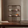 Wood Display Shelf with Carved Lattice Walnut Finish Wooden Bookshelf Stable