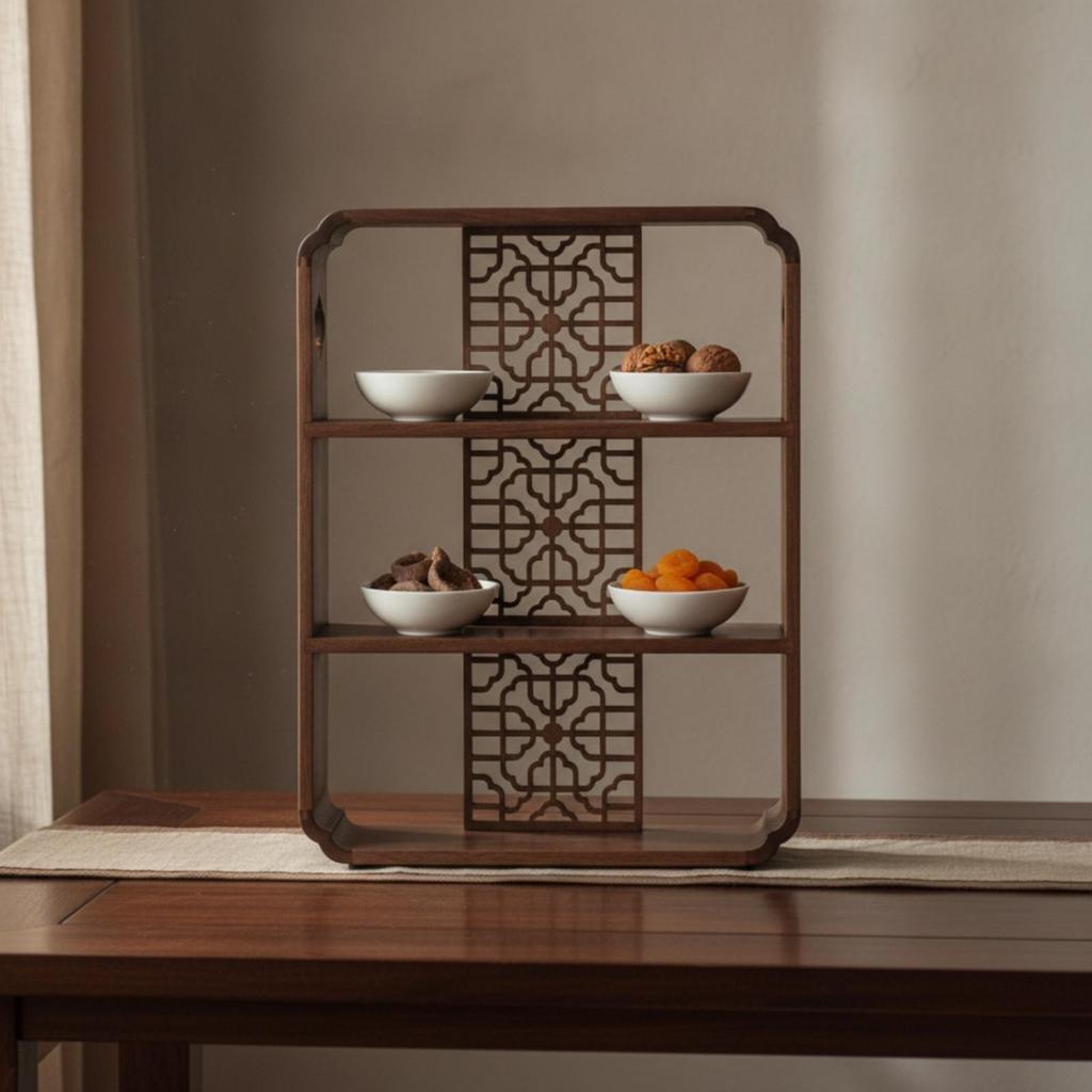 Wood Display Shelf with Carved Lattice Walnut Finish Wooden Bookshelf Stable