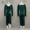 Womens Sexy Long Sleeve Slim Fit Pleated Maxi Dress Velvet Bodycon Split Party