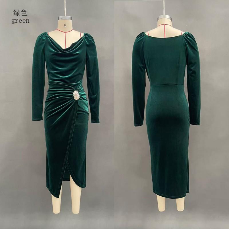 Womens Sexy Long Sleeve Slim Fit Pleated Maxi Dress Velvet Bodycon Split Party