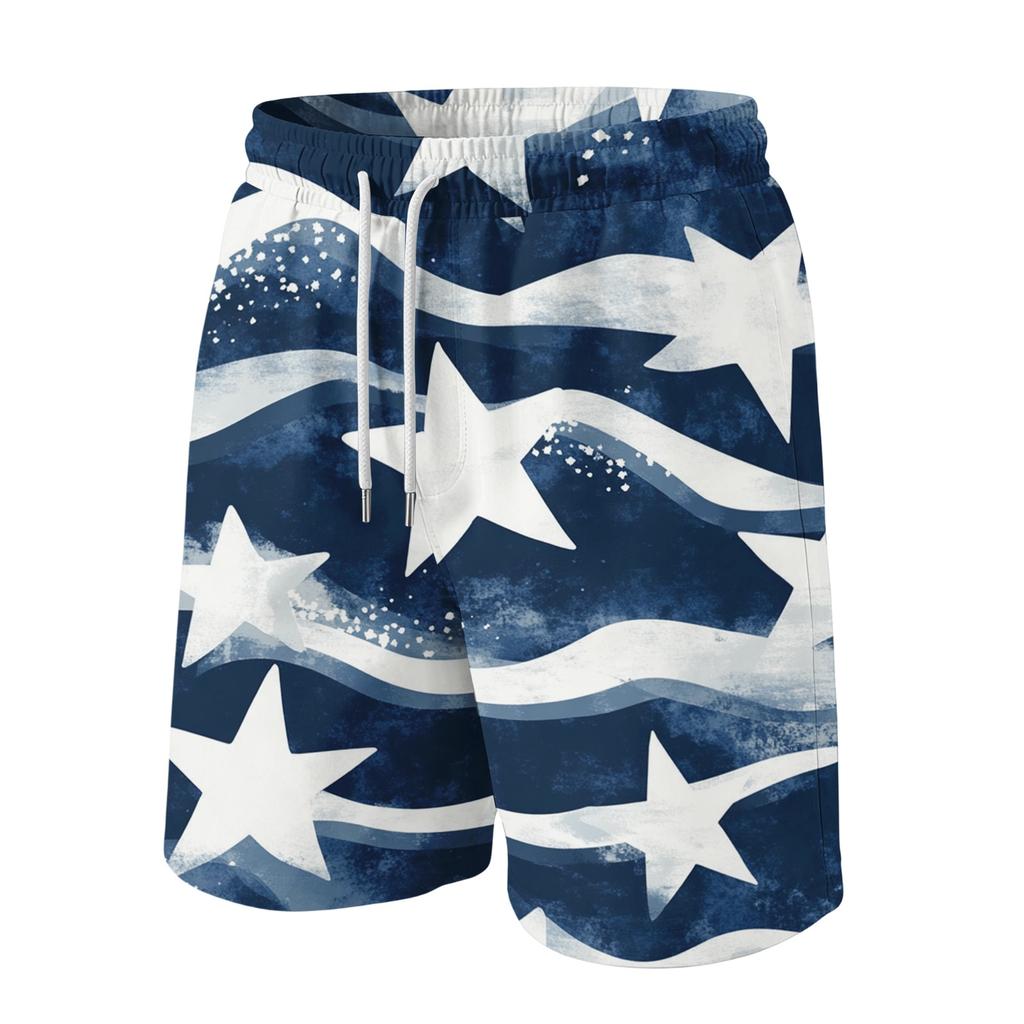 Men's Casual Drawstring Waist Shorts with Star and Wave Print Lightweight Summer Beach Shorts for Everyday Wear