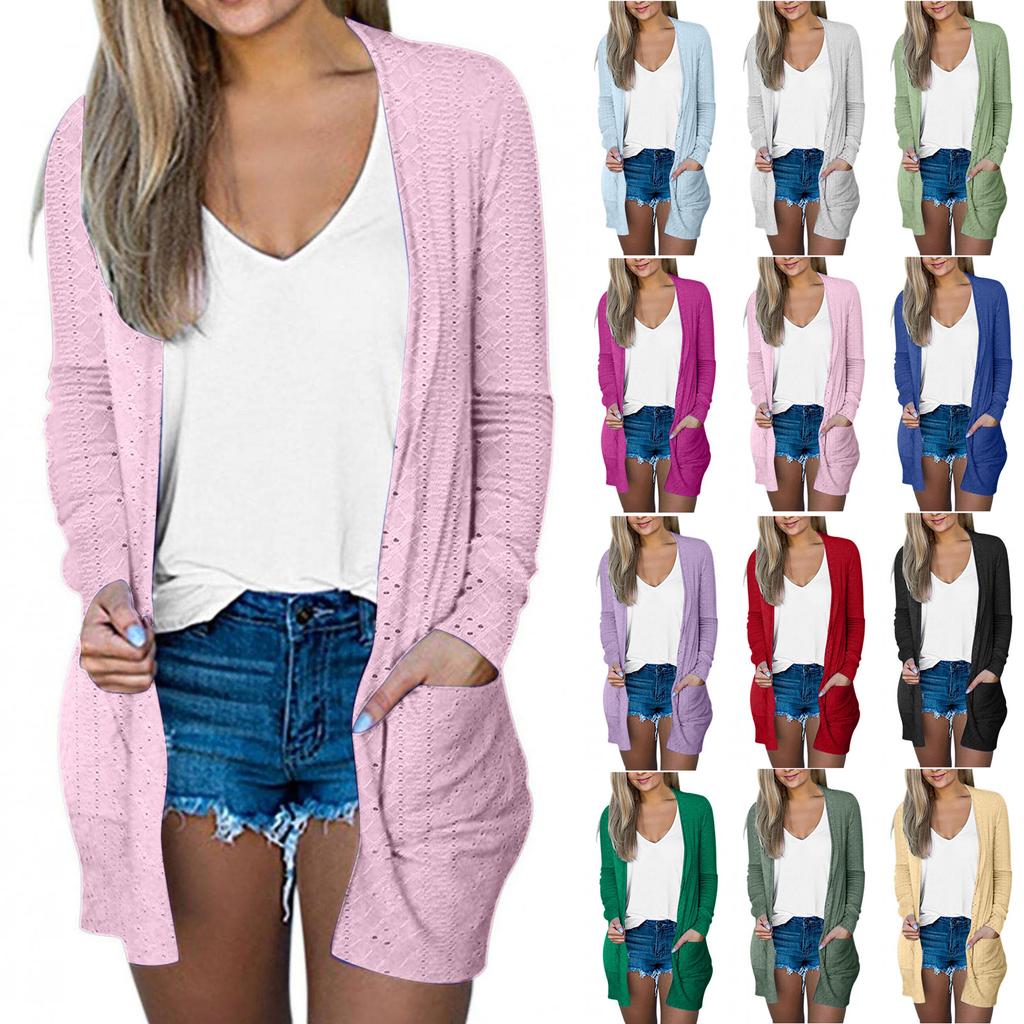 Damen Modischer Oversized Taschen-Cardigan Einfarbig Langarmjacke