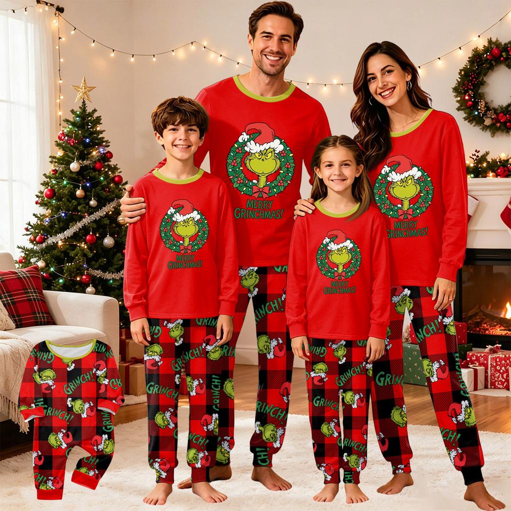 Matching Family Christmas Pajama Set with Neck Long Sleeve and Long Pants for Kids and Adults