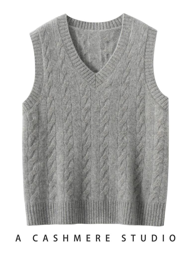 Women's 100% Pure Cashmere V-neck Cable Knit Vest for Autumn/Winter