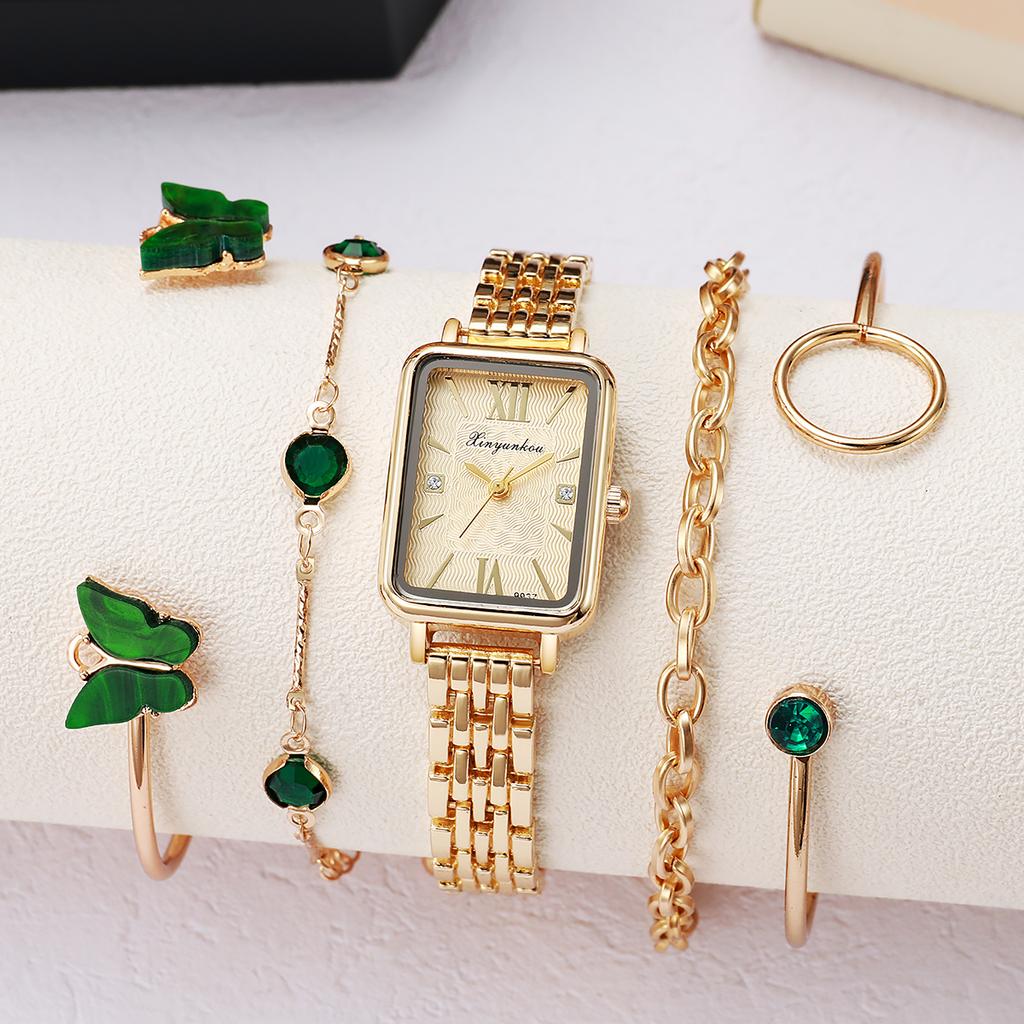 Golden Square Roman Dial Women's Quartz Watch Multi-Piece Set Green Ornaments Butterfly Jewelry Set Light Luxury Gift
